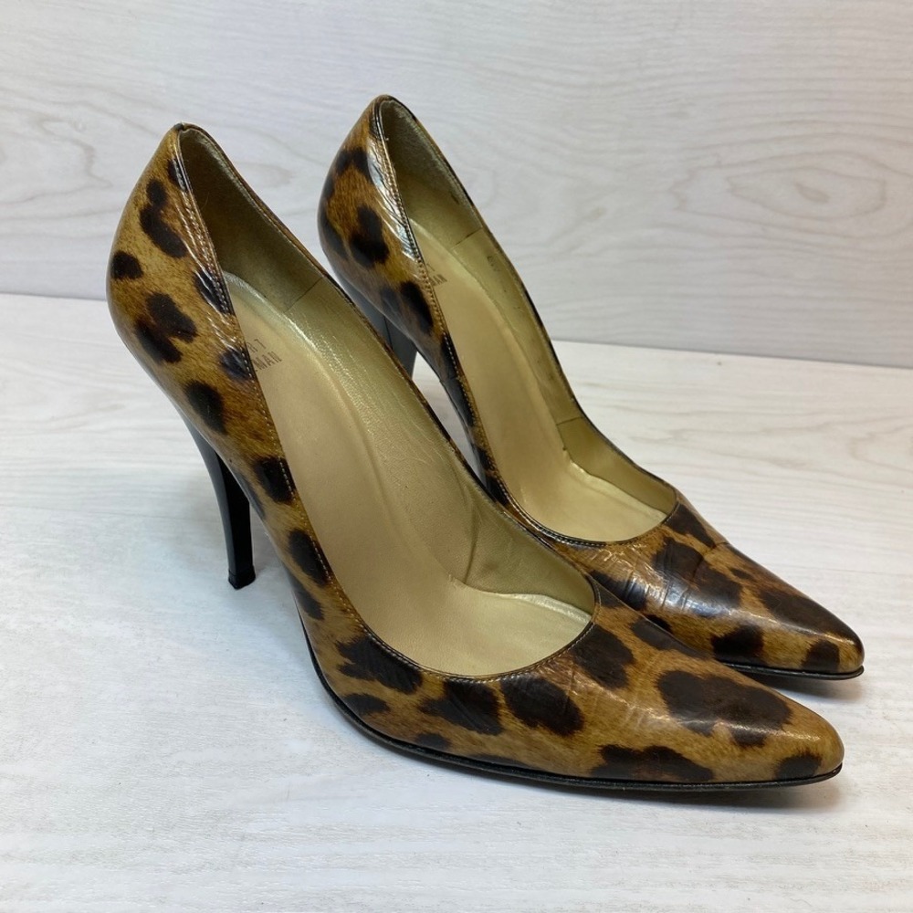 Stuart Weitzman Womens 8.5 M Heels Pumps Leopard Print Leather Pointed Toe Brown